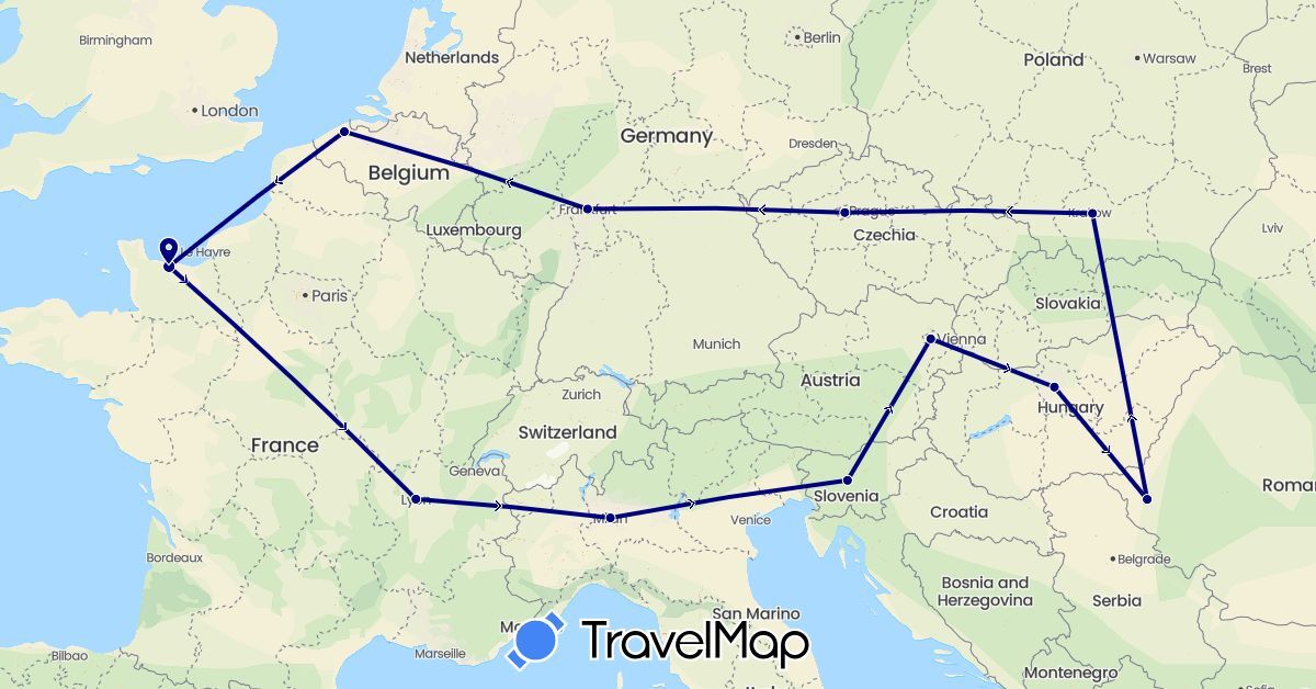 TravelMap itinerary: driving in Austria, Belgium, Czech Republic, Germany, France, Hungary, Italy, Poland, Romania, Slovenia (Europe)